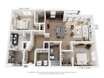 A floor plan of a two-bedroom apartment with a living room, kitchen, and bathrooms.