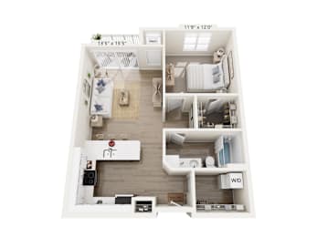 A floor plan of a small apartment with a kitchen, living room, and two bedrooms.