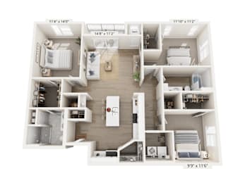 A floor plan of a two-bedroom apartment with a living room, kitchen, and bathroom.