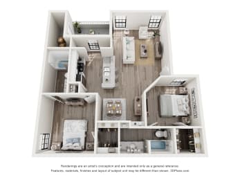 Cottonwood Floor Plan of a home with a bedroom and living room at Foxborough Apartments, Irving, TX, Texas, 75061