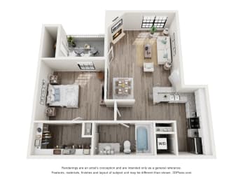 Pine Floor Plan with a bathroom and a bedroom at Foxborough Apartments, Irving, TX, Texas, 75061