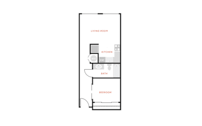 A floor plan of a small apartment with a living room, kitchen, bath, and bedroom.