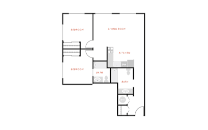 A floor plan of a home with a living room, two bedrooms, a kitchen, and two bathrooms.