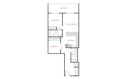 A floor plan of a house with a living room, two bedrooms, a bathroom, a kitchen, and a dining area.