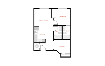 A floor plan of a house with a living room, kitchen, and two bedrooms.