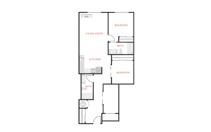 A floor plan of a small apartment with a living room, kitchen, and two bedrooms.
