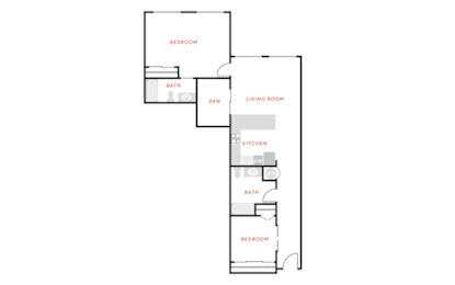 A floor plan of a house with a living room, two bedrooms, a kitchen, a bathroom, and a den.