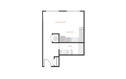A floor plan of a living room, kitchen, and bath.