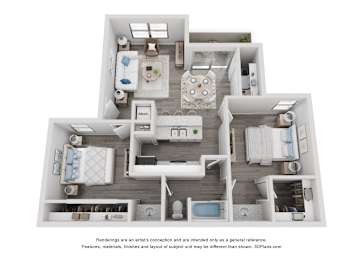 A 3D floor plan of a house with a kitchen, living room, and two bedrooms.