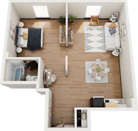 A top-down view of a small apartment with a living room, kitchen, and bedroom.