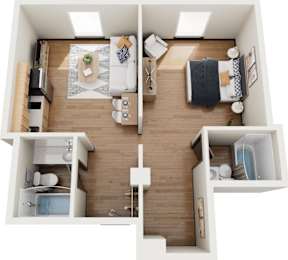 A top-down view of a small, neatly organized apartment with a kitchen, living room, and bathroom.