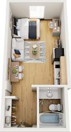 A small, neatly organized apartment with a kitchen, living room, and bathroom.