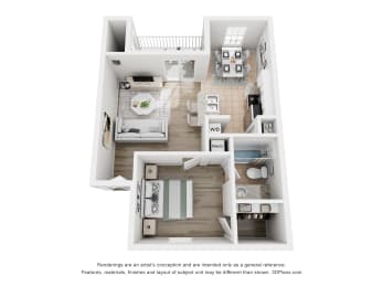 a stylized floor plan with a bedroom and a living room