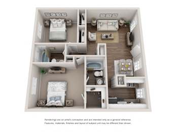 A 3D floor plan of a small apartment with two bedrooms, a living room, and a kitchen.