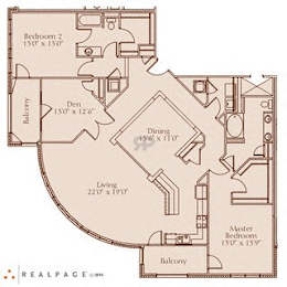 A floor plan of a house with a den, dining room, living room, and two bedrooms.