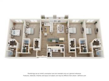 A 3D floor plan of a house with rooms labeled.