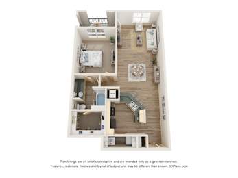 A 3D floor plan of a house with a kitchen, living room, and two bedrooms.
