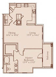 A floor plan of a house with a dining room, living room, master bedroom, and balcony.