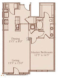 A floor plan of a room with a dining area of 13'5" x 8'0", a living area of 13'5" x 13'0", and a master bedroom of 12