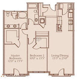 A floor plan of a house showing a master bedroom, a second bedroom, and a living/dining area.