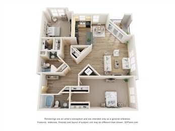A 3D floor plan of a house with a kitchen, living room, and bedrooms.