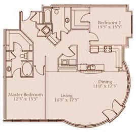 A floor plan of a house with a master bedroom, a living room, a dining area, and two additional bedrooms.