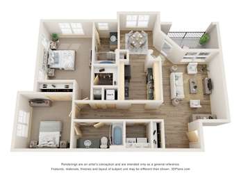 A 3D floor plan of a house with a kitchen, living room, and bedrooms.