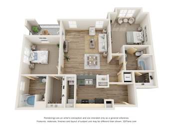 A 3D floor plan of a house with a kitchen, living room, and bedrooms.