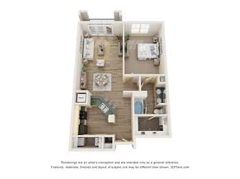 A 3D floor plan of a small apartment with a kitchen, living room, and bathroom.