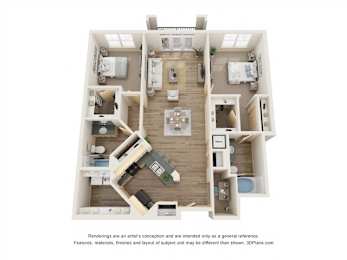 A 3D floor plan of a house with a kitchen, living room, and two bedrooms.