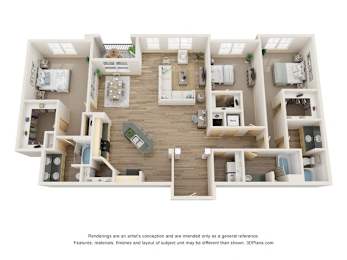 A 3D floor plan of a house with a kitchen, living room, and bedrooms.