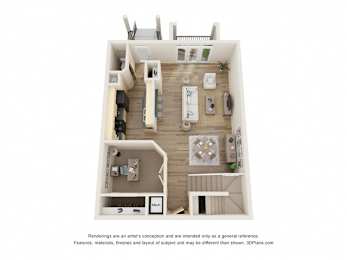 A 3D floor plan of a small apartment with a kitchen, living room, and bathroom.