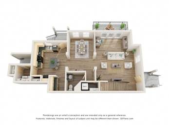 A 3D floor plan of a house with a kitchen, living room, and two bedrooms.