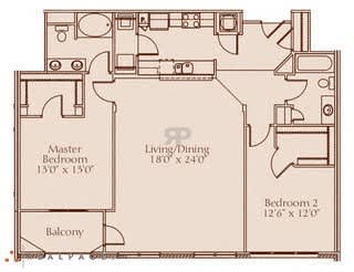 A floor plan of a house showing a master bedroom, a living/dining area, and a second bedroom.