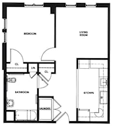 Floor Plan  A black and white image of a floor plan for a small apartment.