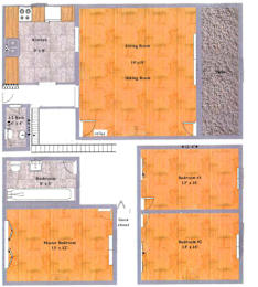 Floor Plan  A floor plan of a house showing the layout of the kitchen, living room, dining room, bathrooms, and bedrooms.