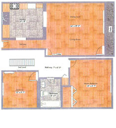 Floor Plan  A floor plan of a house with a dining room, living room, kitchen, and two bedrooms.