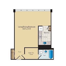 A floor plan of a small apartment with a living/dining/bedroom area, kitchen, bathroom, and foyer.