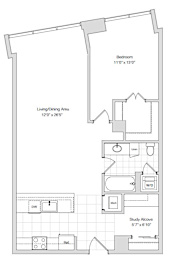 A floor plan of a house with a living area, study alcove, and bedroom.