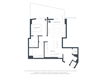 A floor plan of a house with a living room, bedroom, kitchen, and bathroom.