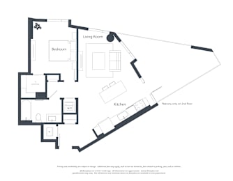 A black and white floor plan of a house with a living room, bedroom, kitchen, and bathroom.