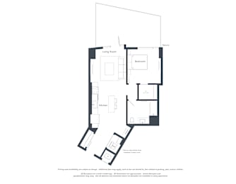 A floor plan of a house with a living room, two bedrooms, a bathroom, and a kitchen.