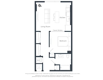 A floor plan of a small apartment with a living room, kitchen, and bedroom.