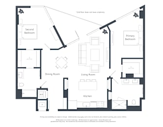 A black and white floor plan of a house with a second bedroom and a dining room.