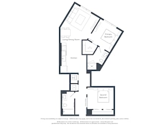 A floor plan of a house with a living/dining room, kitchen, and two bedrooms.