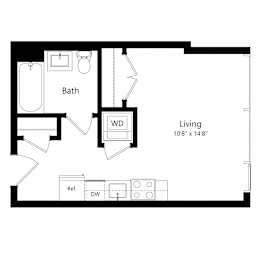 A black and white drawing of a living room with a bathroom and a reference drawing of a DW.