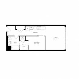 A floor plan of a small apartment with a kitchen, bathroom, and bedroom.