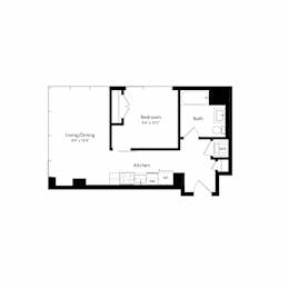 A black and white image of a floor plan for a home with a bedroom, bathroom, living/dining area, and kitchen.