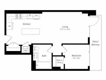A floor plan of a home with a kitchen, bath, bedroom, and living area.