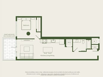 A floor plan of a house with a bedroom, kitchen, and living room.